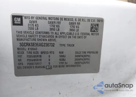 2010 Chevrolet Silverado 1500 Lt из США, поврежденный, VIN 3GCRKSE36AG236732